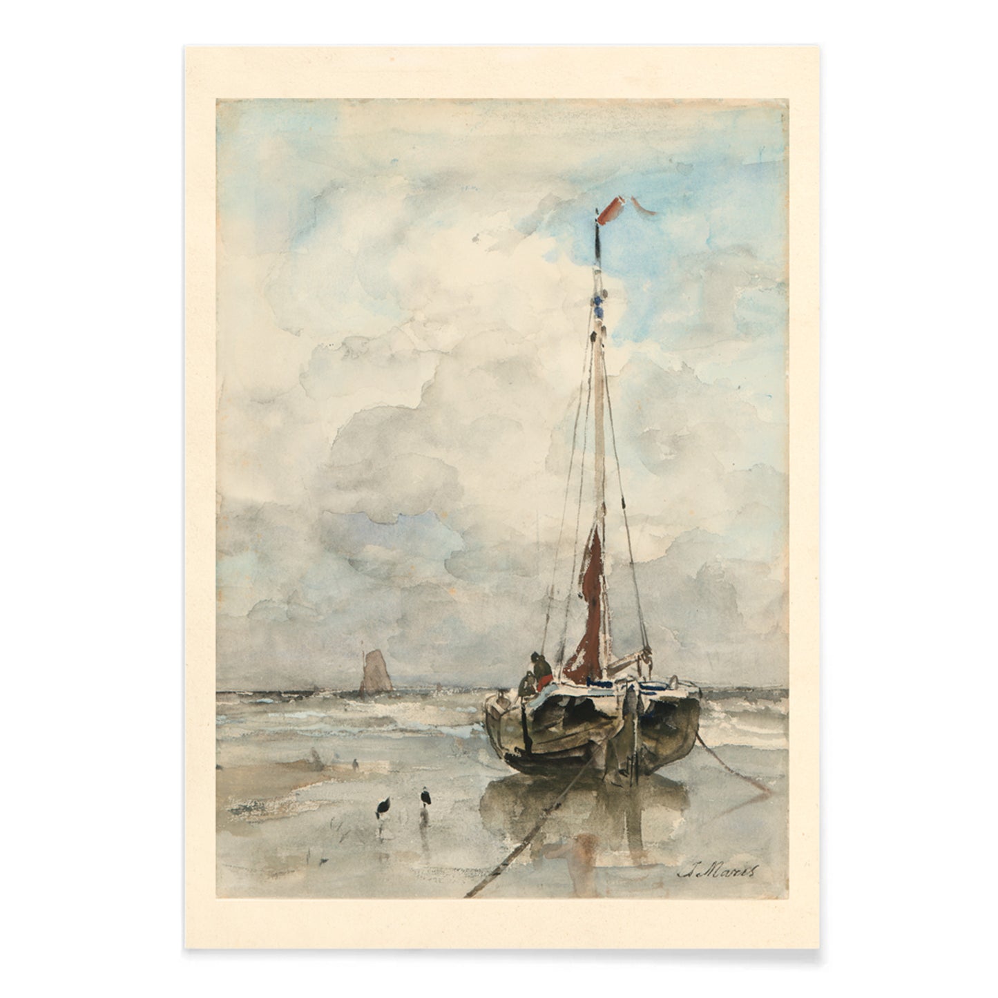 Sail boat on sandy beach under cloudy sky artwork by Jacob Maris poster inspired by Sail boat on the beach, with black aluminium frame on white background