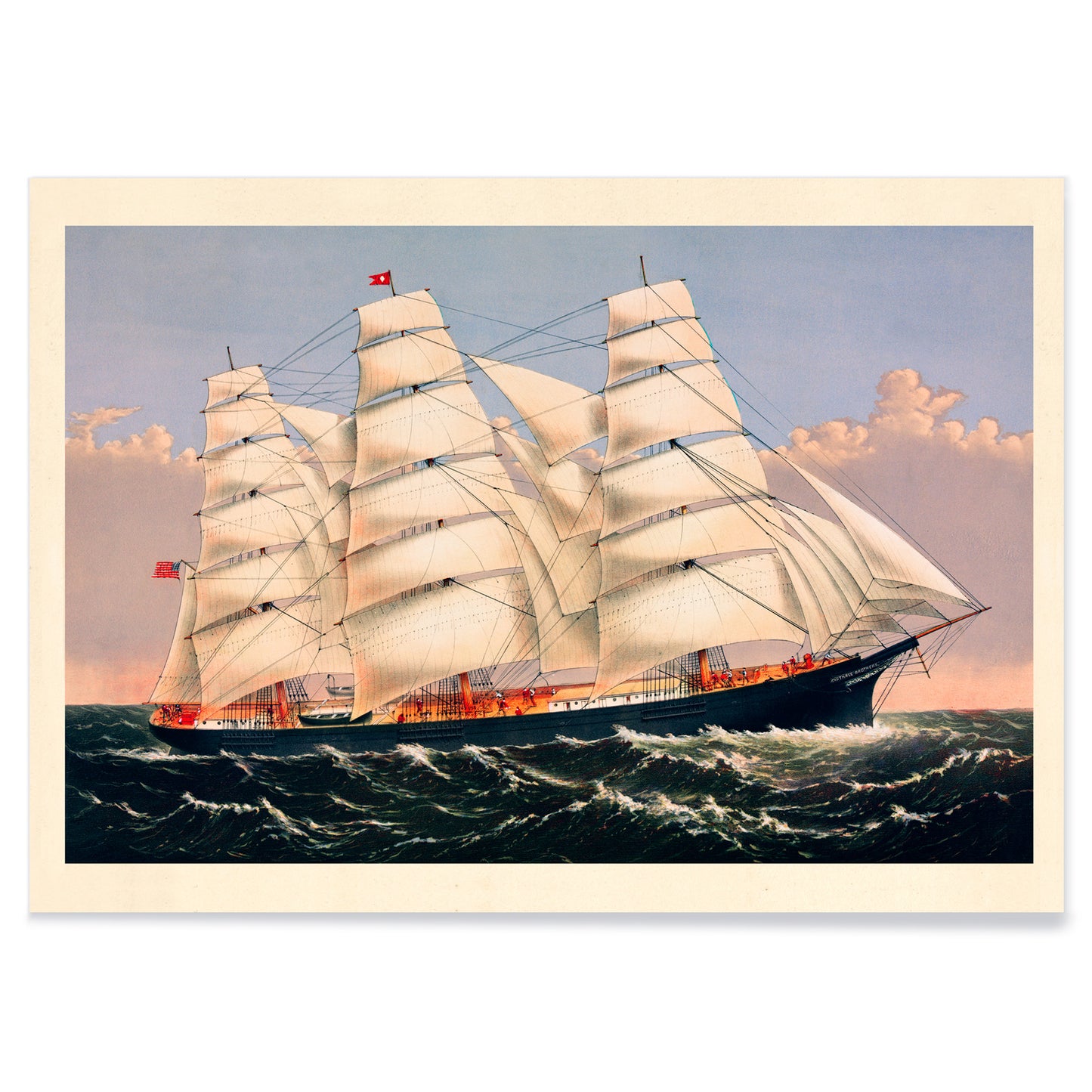 Clipper Ship Three Brothers by Currier and Ives majestic sailing ship poster at sea largest vessel in the world, with black aluminium frame on white background