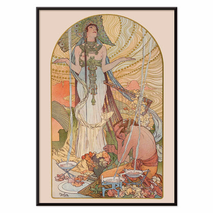Alphonse Mucha Salammbô The Incantation Art Nouveau poster with ornate figure and flowing lines, with black aluminium frame on white background