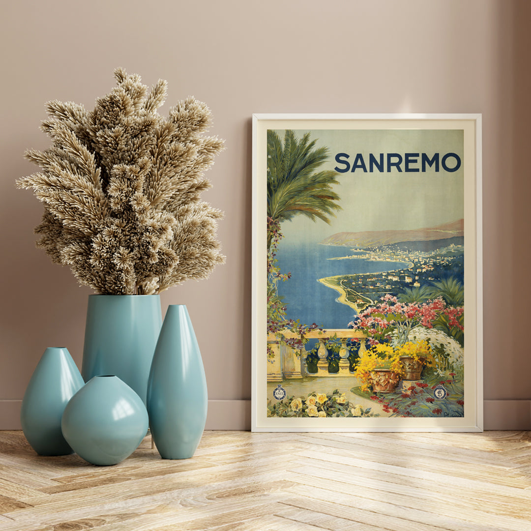Scenic coastal landscape of Sanremo with flowers palm trees and sea view poster wall decor travel inspiration, framed and displayed in home decor