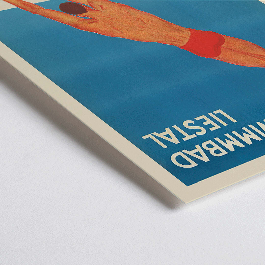 Closeup detail of Schwimmbad Liestal poster by artist showing a man diving into a pool with a modern building in the background