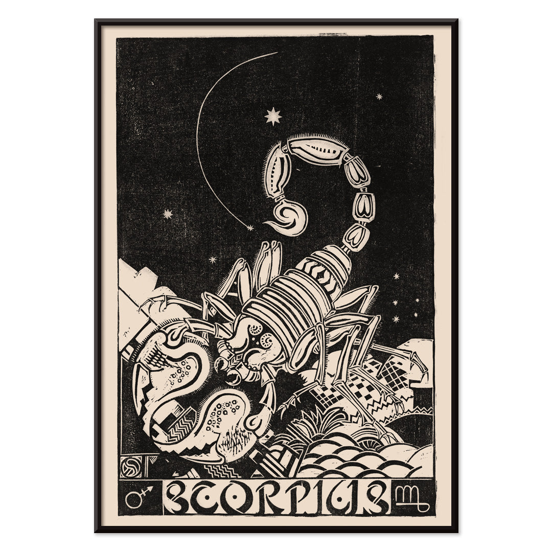 Black and white illustration of a scorpion beneath stars in Scorpius by Henri van der Stok poster artwork, with black aluminium frame on white background