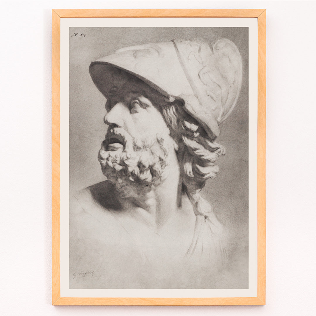 Closeup detail of Roman head with helmet by Gerrit Willem Dijsselhof realistic pencil drawing of bearded man classical sculpture artwork poster