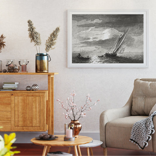 Sailboats on a moonlit sea seascape with full moon by Cornelis Ploos van Amstel poster showing sailboats on the ocean under a moonlit sky, framed and displayed in home decor