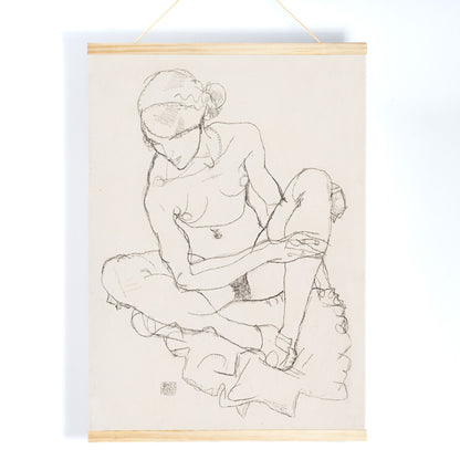 Egon Schiele Seated Nude Woman poster with delicate black linework on minimalist white background, with wooden magnetic frame on white background