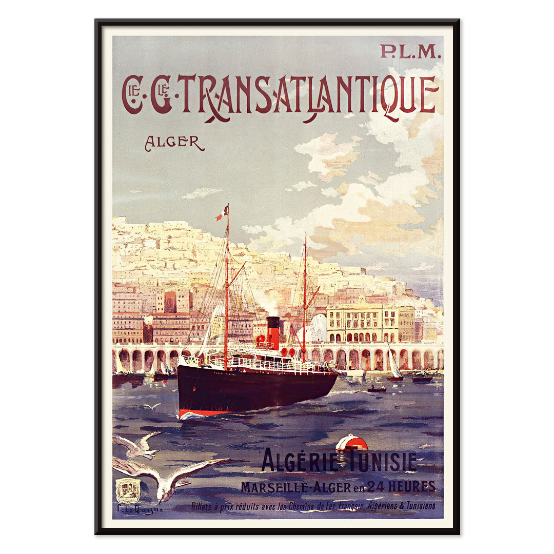 Vintage steamship in Algiers harbor with city buildings travel poster by Fernand Le Quesne Cie Cle Transatlantique, with black aluminium frame on white background