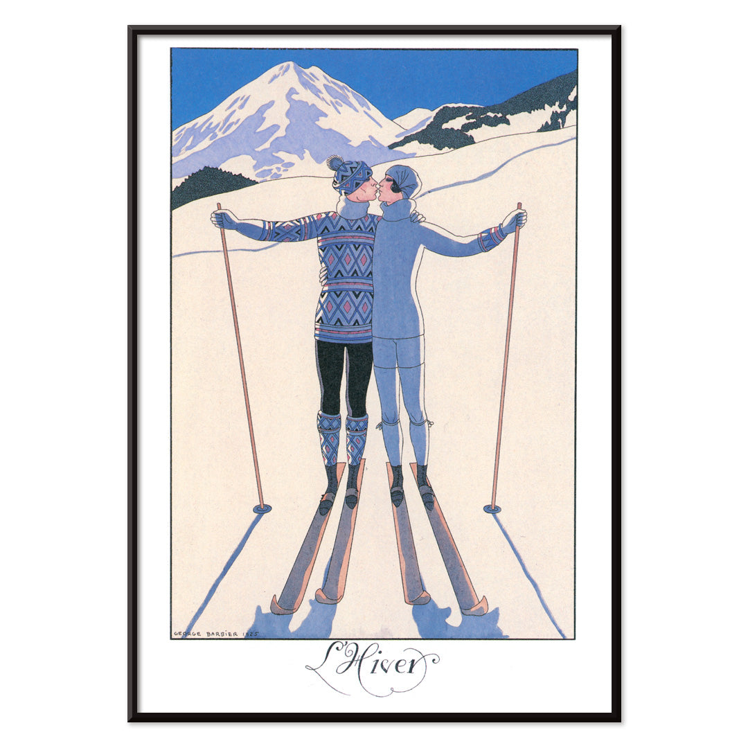 Two skiers kissing in snowy mountain landscape L Hiver by George Barbier vintage poster artwork, with black aluminium frame on white background