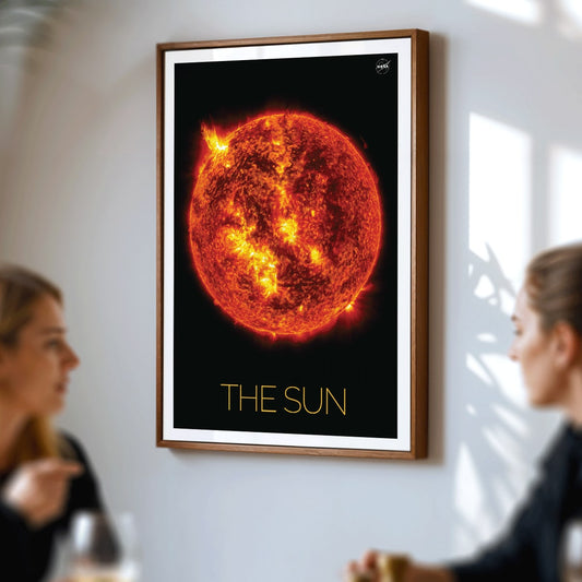 Fiery image of the Sun with solar flares by NASA poster featuring detailed solar activity, framed and displayed in home decor
