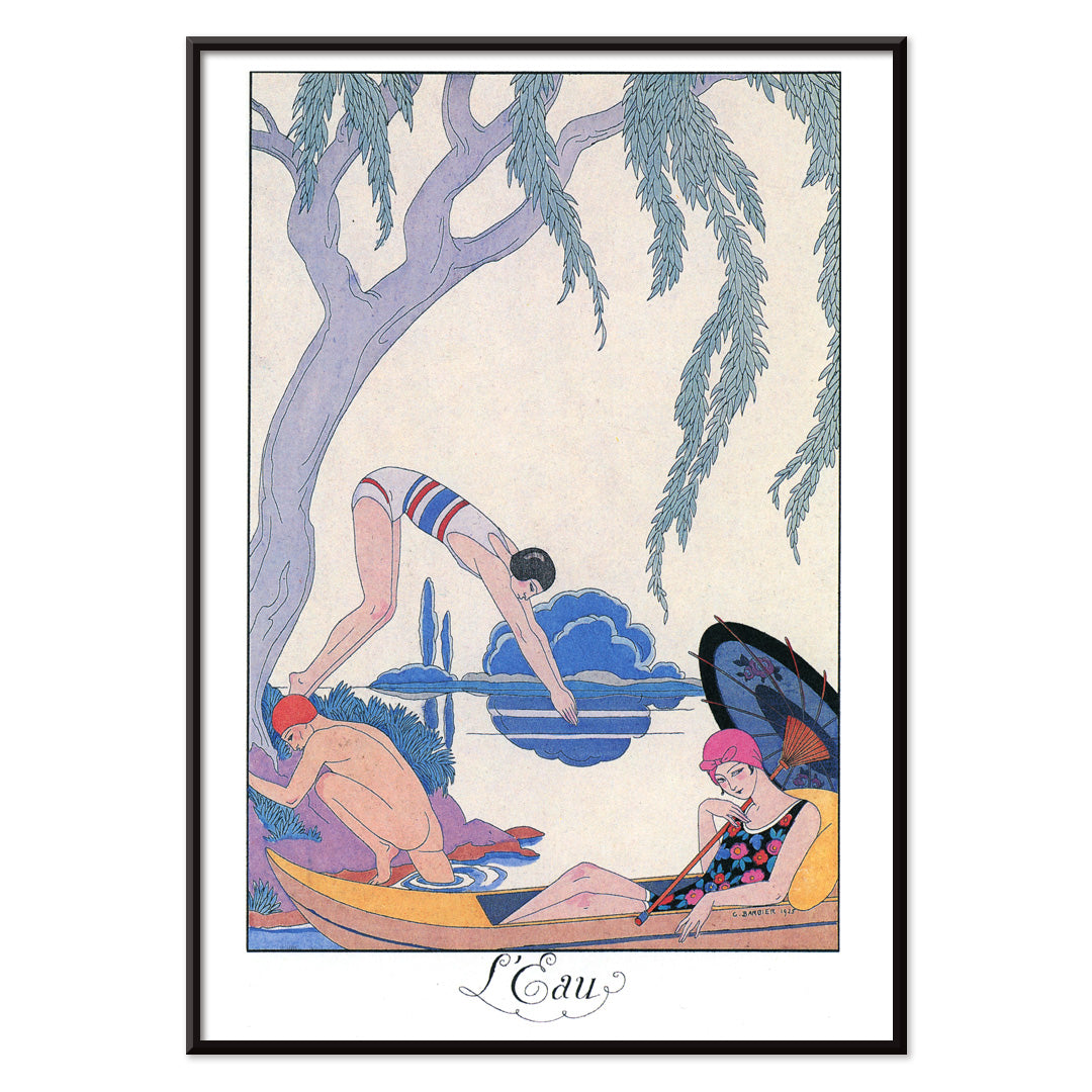 Art deco poster L Eau by George Barbier with three people in swimwear relaxing and boating by a riverside, with black aluminium frame on white background