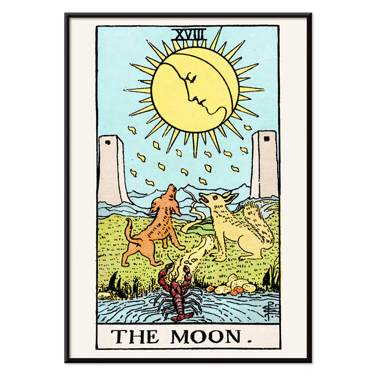 Tarot The Moon by Rider Waite poster featuring celestial moon two towers two dogs and a crayfish in a mystical landscape, with black aluminium frame on white background