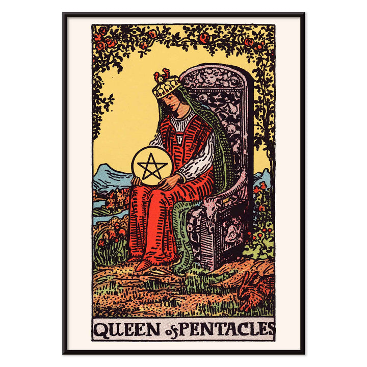 Queen of Pentacles tarot card poster by Pamela Colman Smith with crowned woman in red robes and pentacle, with black aluminium frame on white background