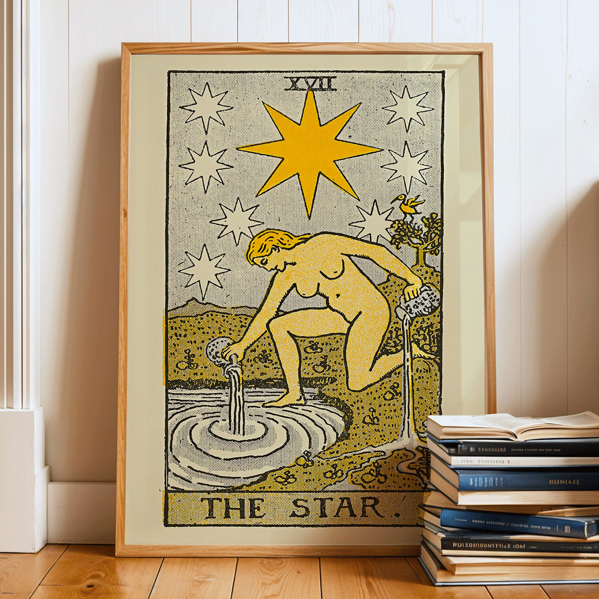 The Star tarot card by Lauron William de Laurence showing a woman pouring water from jugs under a starlit night sky tarot poster, framed and displayed in home decor