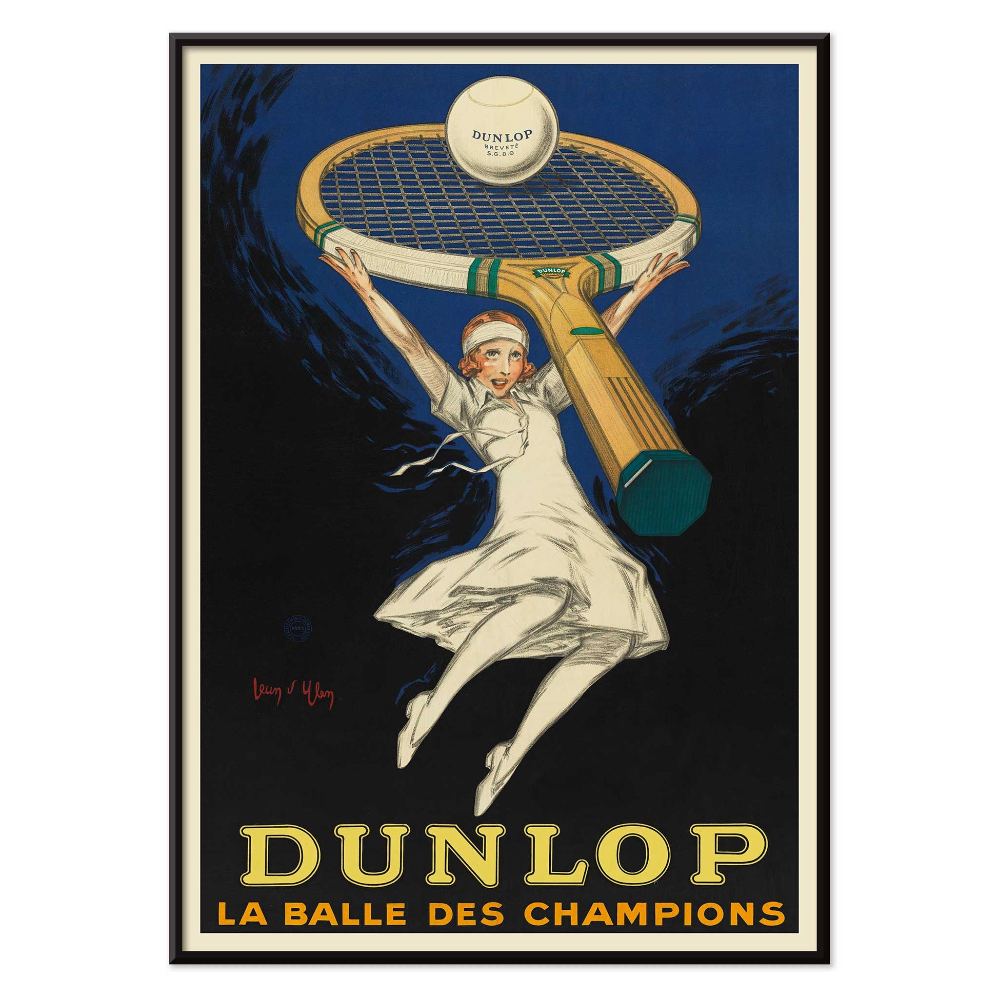 Jean dYlen Dunlop The Ball of Champions poster with leaping tennis player giant racket and ball in bold blue and black, with black aluminium frame on white background