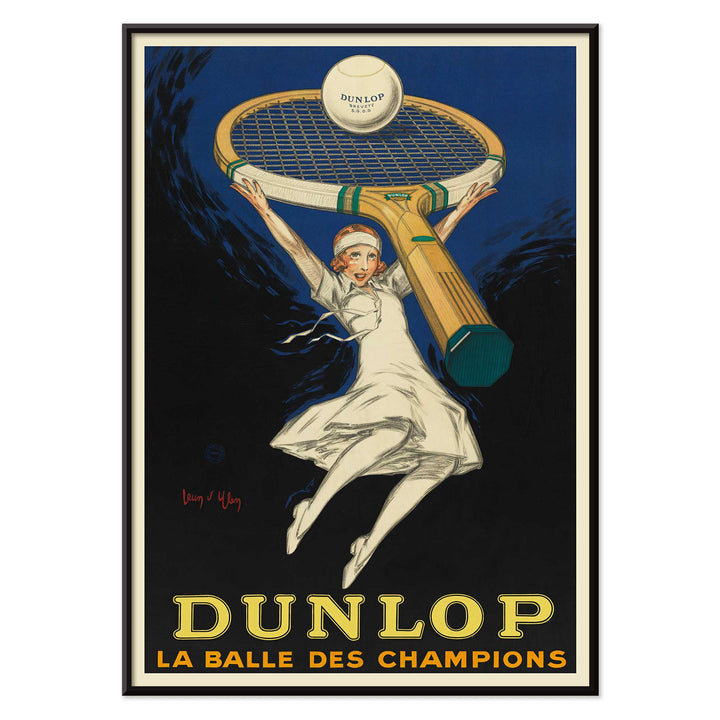 Jean dYlen Dunlop The Ball of Champions poster with leaping tennis player giant racket and ball in bold blue and black, with black aluminium frame on white background