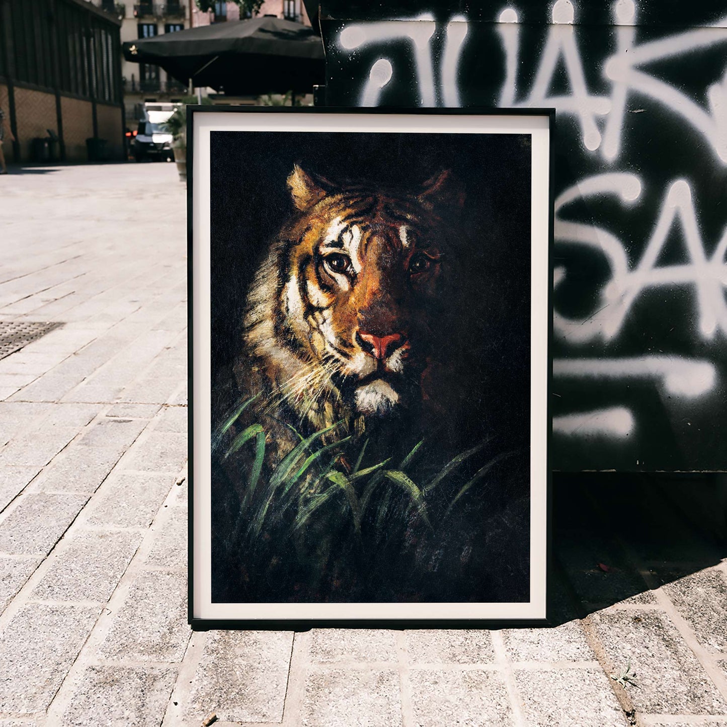 Tigers Head painting by Abbott Handerson Thayer detailed tiger portrait in the wild and emerging from dark foliage poster artwork, framed and displayed in home decor