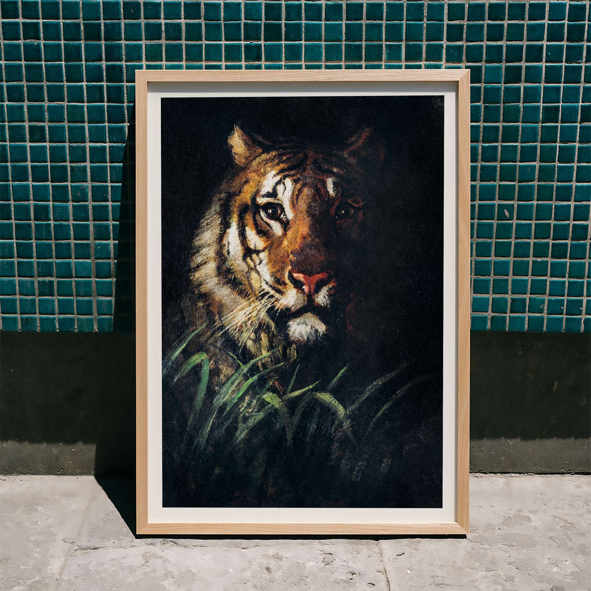 Tigers Head painting by Abbott Handerson Thayer detailed tiger portrait in the wild and emerging from dark foliage poster artwork, framed and displayed in modern living room decor