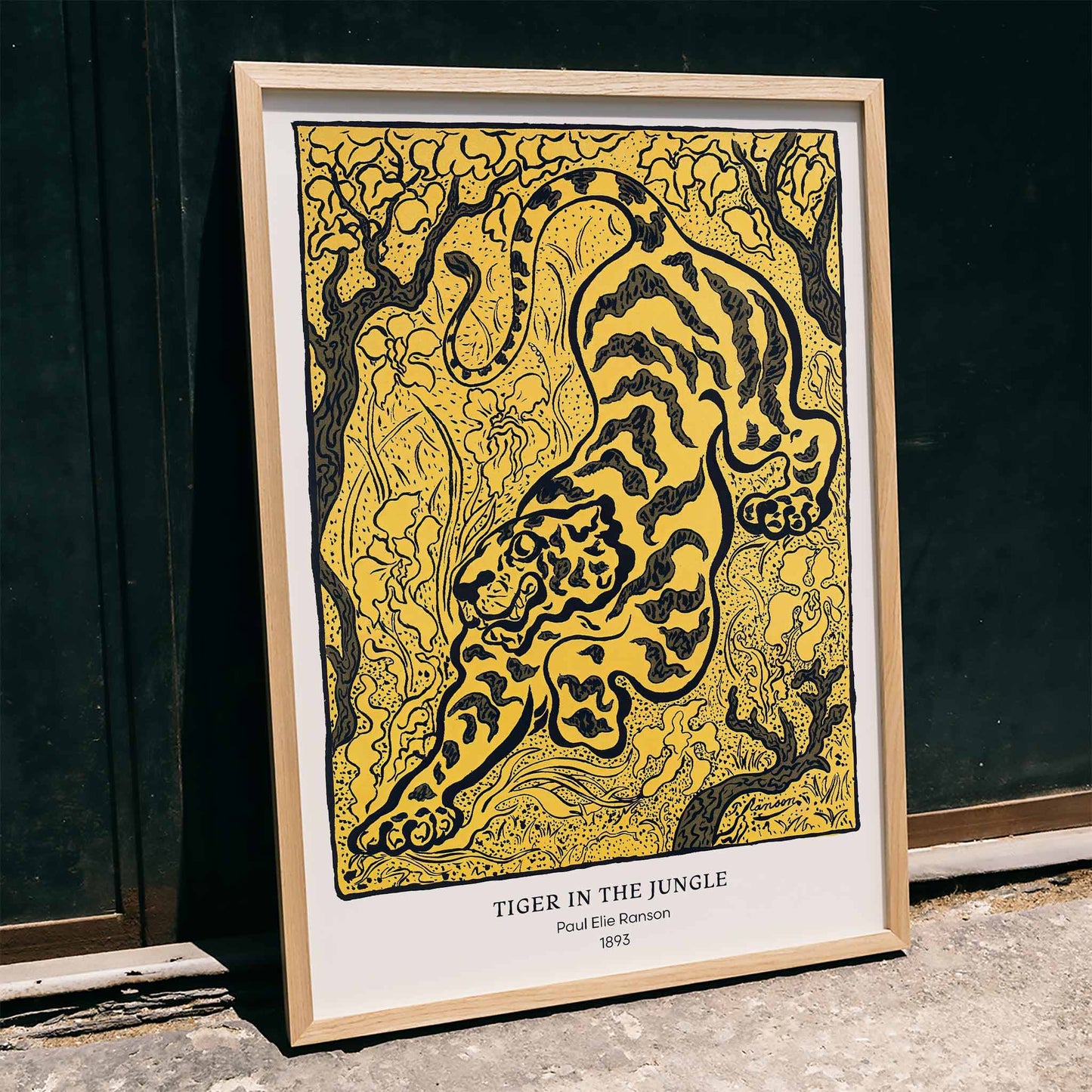 Tiger in the Jungle by Paul Ranson stylized illustration and poster of a tiger prowling through dense jungle foliage, framed and displayed in home decor