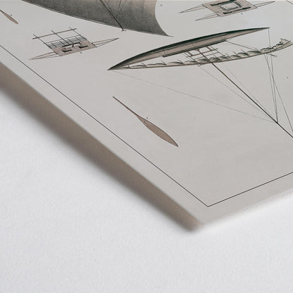 Closeup detail of J. Tastu Tonga-Tabou poster with detailed pirogues of chief Palou, rigging studies, and antique nautical drawings in soft grey and beige tones