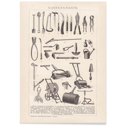 Vintage gardening tools illustration and poster lineup by Bibliographic institute of Liepzig Gartengeräte, with black aluminium frame on white background
