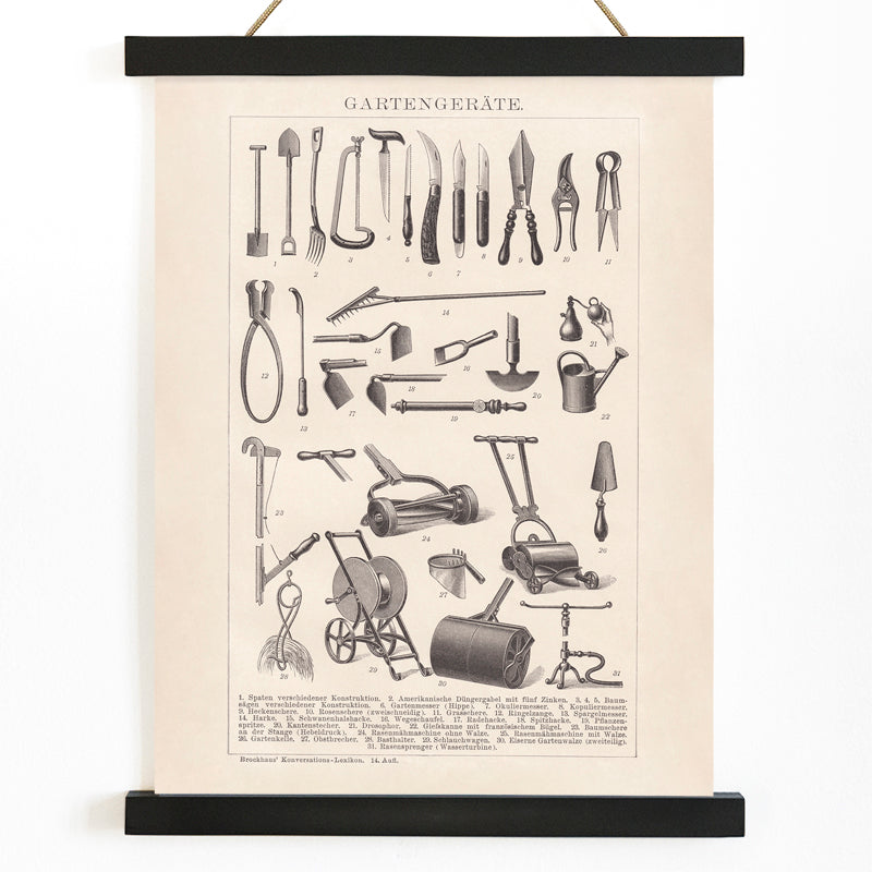 Vintage gardening tools illustration and poster lineup by Bibliographic institute of Liepzig Gartengeräte, with wooden magnetic frame on white background
