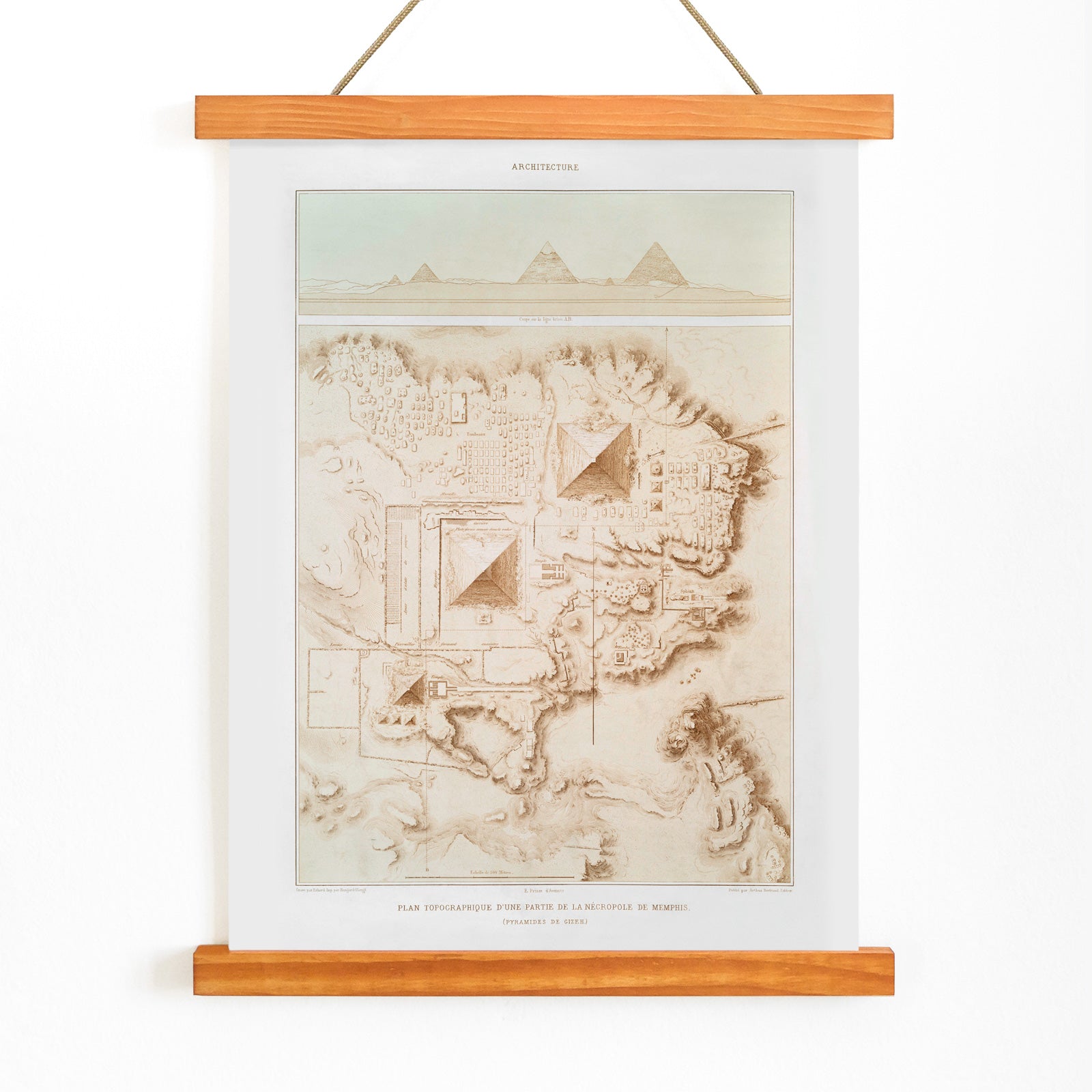 Topographic map of the Giza pyramids and Memphite Necropolis by Emile Prisse dAvennes from Histoire de lart egyptien, with wooden magnetic frame on white background