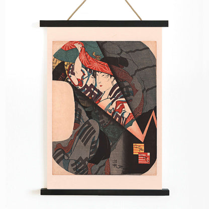 Person taking shelter under a patterned cloth during a thunderstorm in the evening by Utagawa Sadahide Japanese art poster, with wooden magnetic frame on white background
