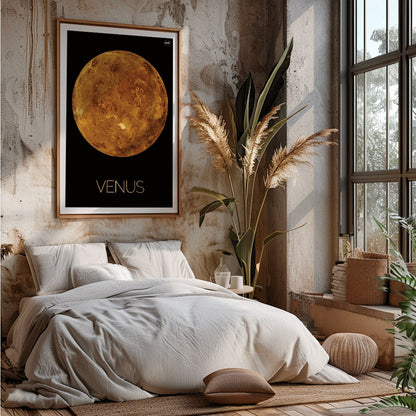 Planet Venus illustration and poster by NASA showing a detailed orange and brown view of the planet on a black background, framed and displayed in home decor