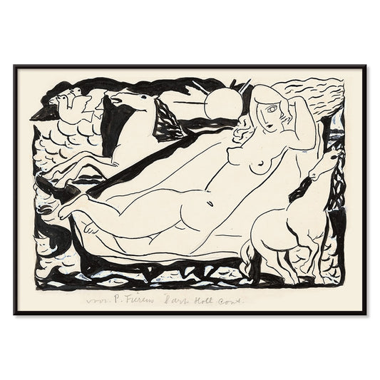 Venus Vignet by Leo Gestel reclining nude woman with horses in abstract black and white drawing poster, with black aluminium frame on white background