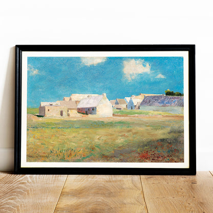Breton Village by Odilon Redon rural landscape poster with houses blue sky and open grassy fields, framed and displayed in home decor