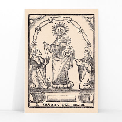 Nuestra Senora del Roser Virgin Mary holding Child Jesus with saints black and white religious illustration and crowned Madonna and child surrounded by saints traditional religious artwork, framed and displayed in modern living room decor