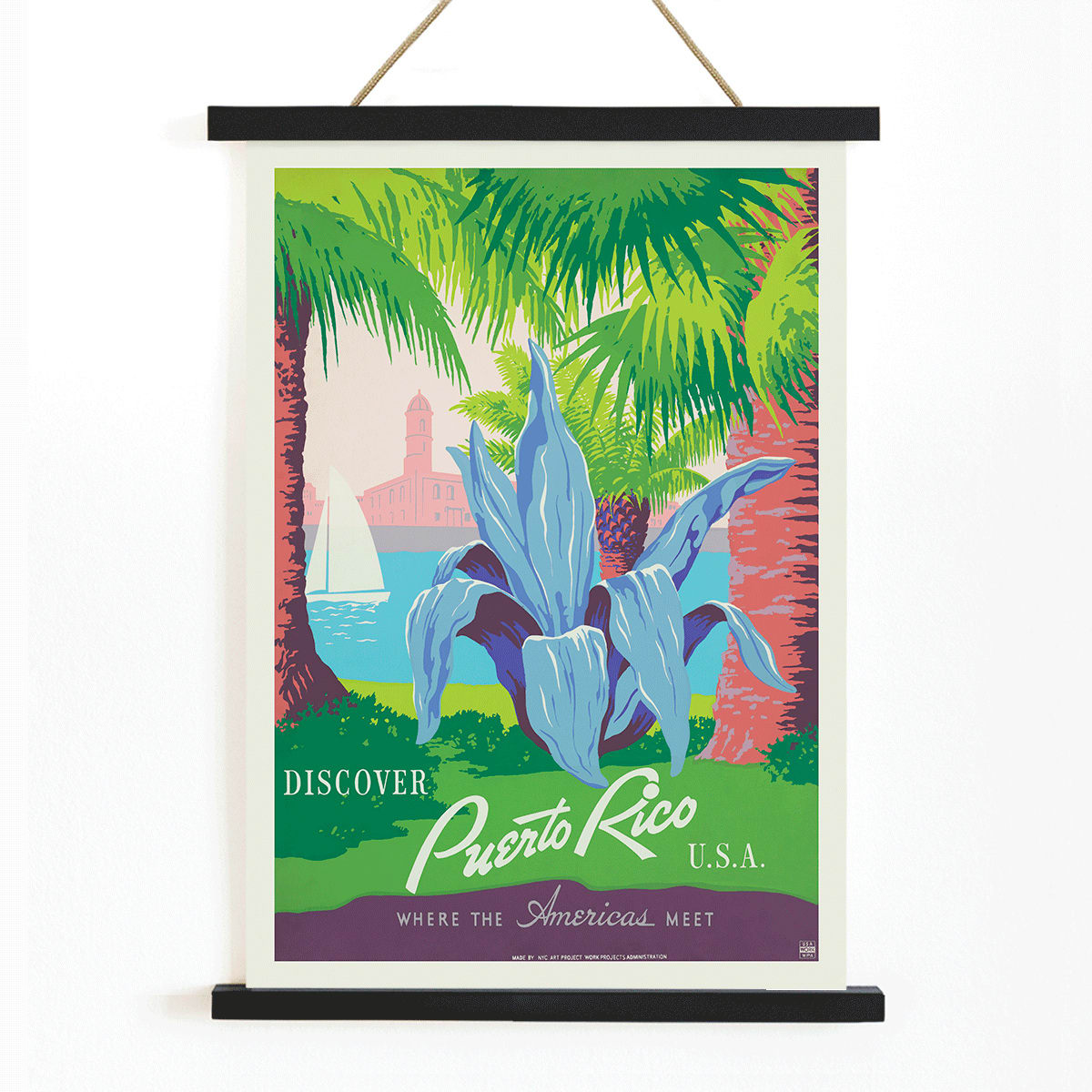 Discover Puerto Rico travel poster by WPA featuring vibrant tropical scenery tropical plants a sailboat and a historic fort in colorful art, with wooden magnetic frame on white background