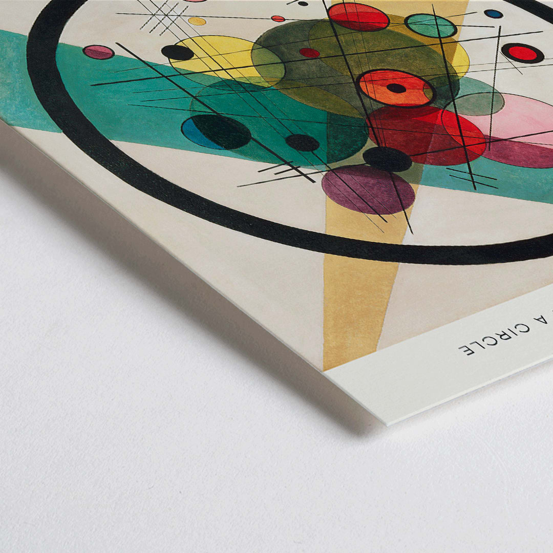 Closeup detail of Wassily Kandinsky Circles in a Circle Bauhaus poster featuring abstract geometric shapes circles and lines for Bauhaus Archiv exhibition