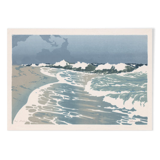 Sea waves crashing on sandy seashore artwork by O Droegl poster of foamy waves on the sea shore, with black aluminium frame on white background