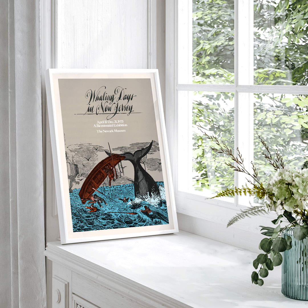 Dramatic whaling scene and men falling from boat near whale tail by The Newark Museum Whaling Days New Jersey, framed and displayed in home decor