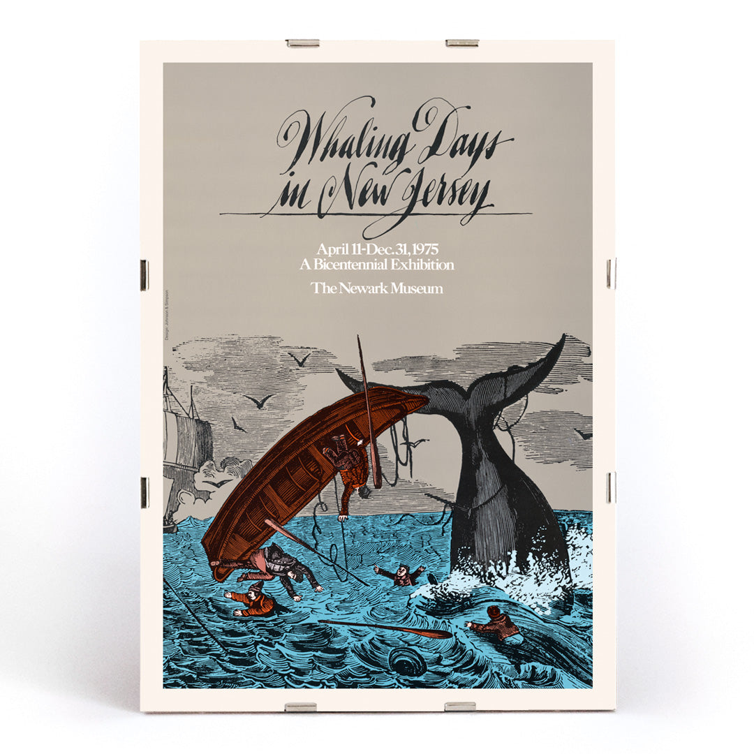 Dramatic whaling scene and men falling from boat near whale tail by The Newark Museum Whaling Days New Jersey, framed and displayed in modern living room decor