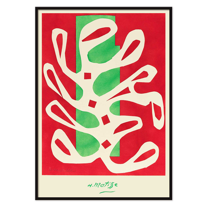 Henri Matisse White Alga on Red and Green Background poster with white seaweed cutout over red and green blocks, with black aluminium frame on white background