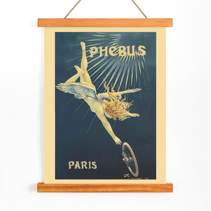 Poster of a winged figure with golden hair falling toward a bicycle wheel in Phébus by Henri Boulanger Gray, with wooden magnetic frame on white background