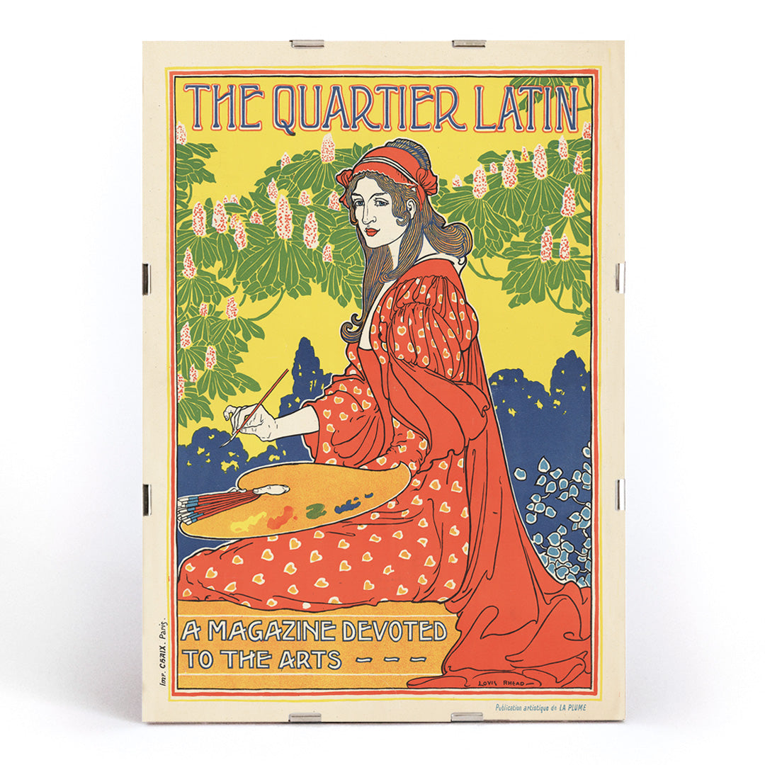 Art Nouveau poster The Quartier Latin by Louis Rhead showing a woman artist in a red dress painting with floral background and vibrant outdoor colors, framed and displayed in modern living room decor