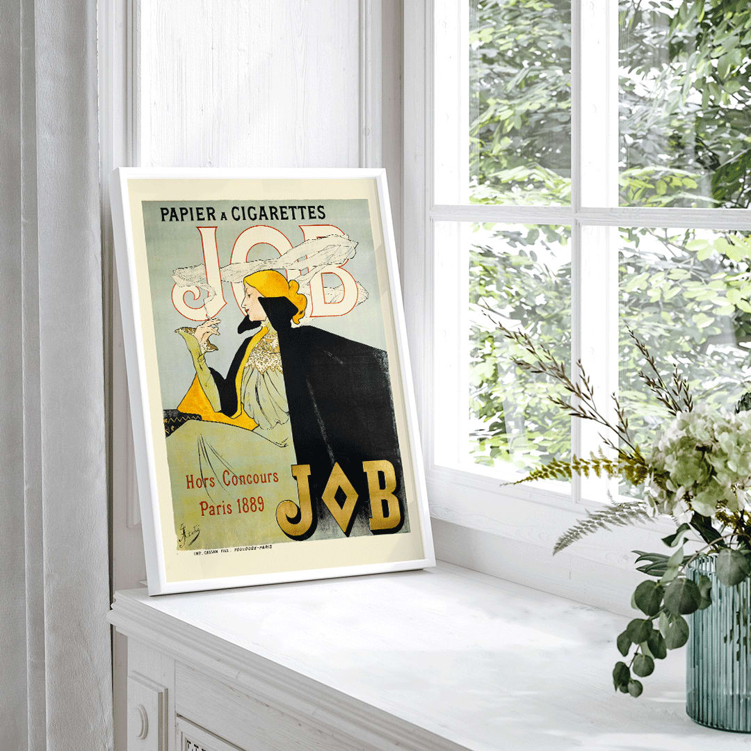 Elegant woman in fashionable attire smoking cigarette vintage art nouveau poster by Jane Atche Papier A Cigarettes Job, framed and displayed in home decor