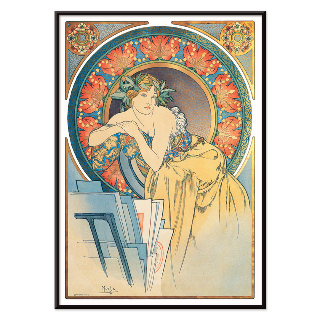 Art Nouveau woman with poppies by Alphonse Mucha vintage illustration poster, with black aluminium frame on white background