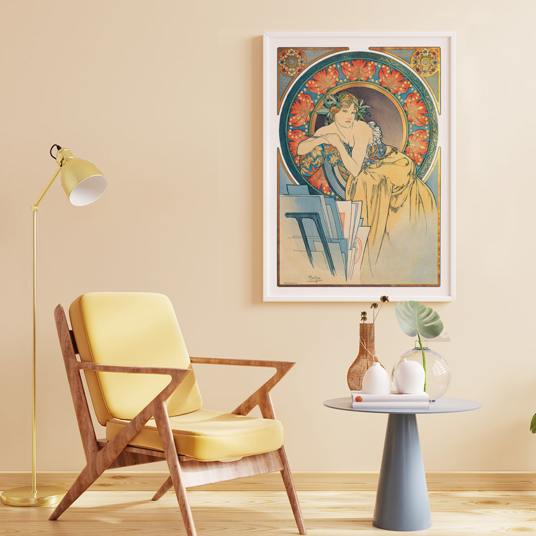 Art Nouveau woman with poppies by Alphonse Mucha vintage illustration poster, framed and displayed in home decor
