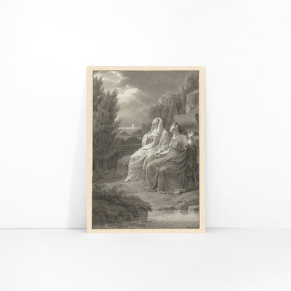 Two women in classical attire seated outdoors gazing at the night sky artwork by Jacques Kuyper, framed and displayed in modern living room decor