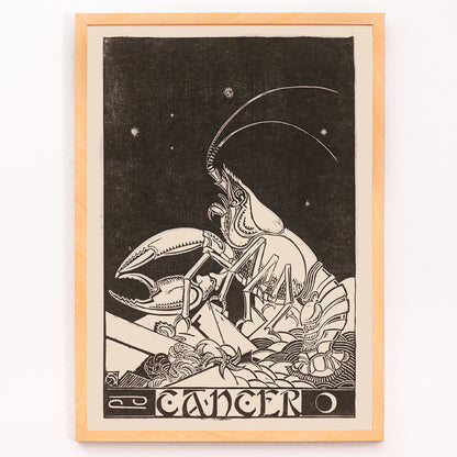 Closeup detail of Artistic illustration and poster of Cancer zodiac sign with crab under stars by Henri van der Stok